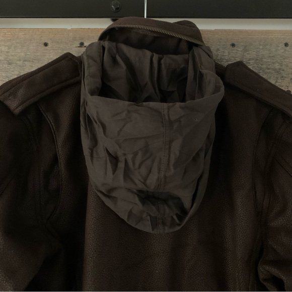 Women’s XL OBEY PROPAGANDA MILITARY SPEC Brown Leather Look Cargo Jacket Hood EC - Picture 12 of 16